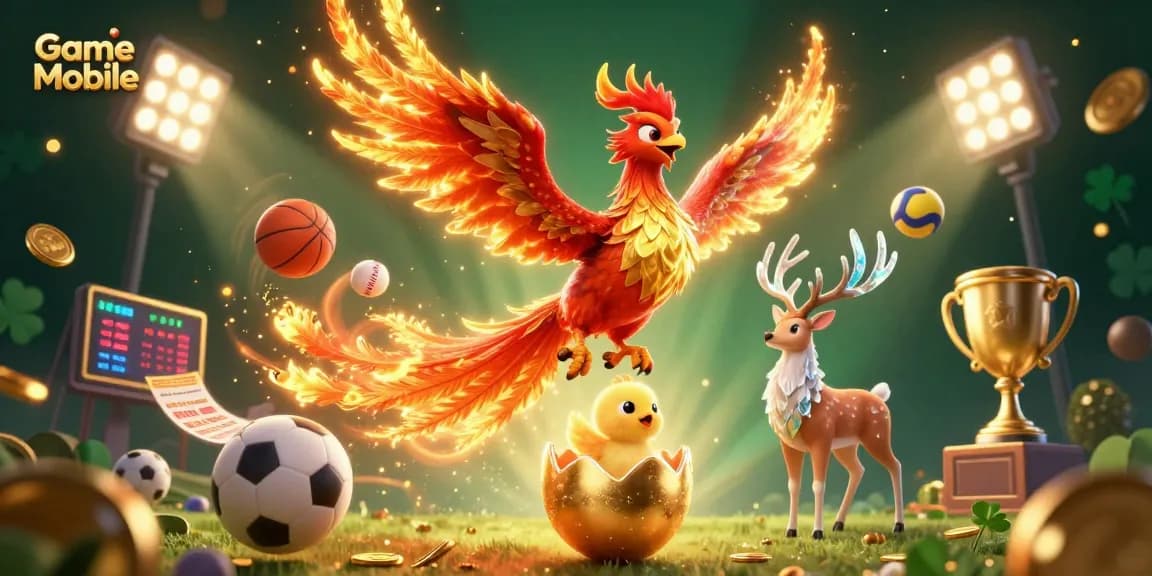 Experience Game Mobile excitement with a dynamic phoenix and sports elements in this 3D digital illustration.