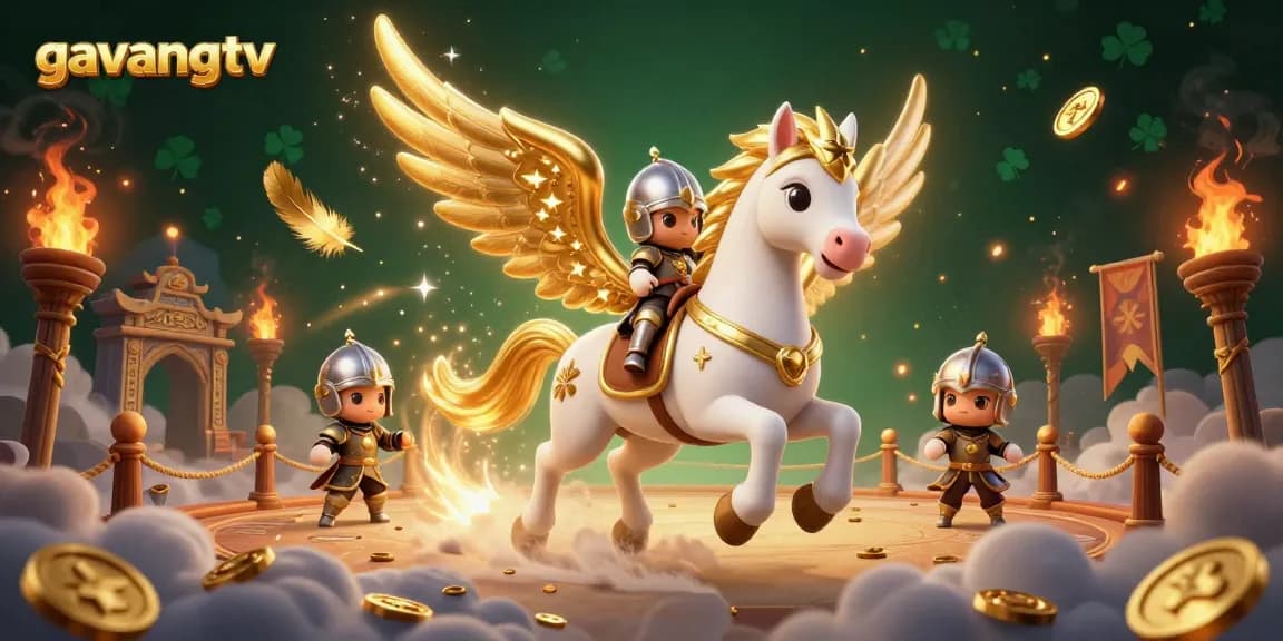 Experience excitement with gavangtv as a celestial knight rides a magical horse in a vibrant casino scene.