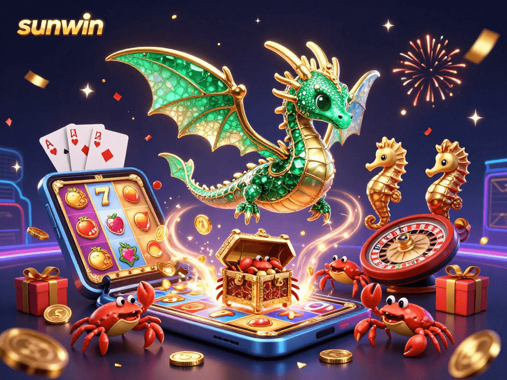 Win big with sunwin in this vibrant casino scene featuring a sea dragon and slot games.