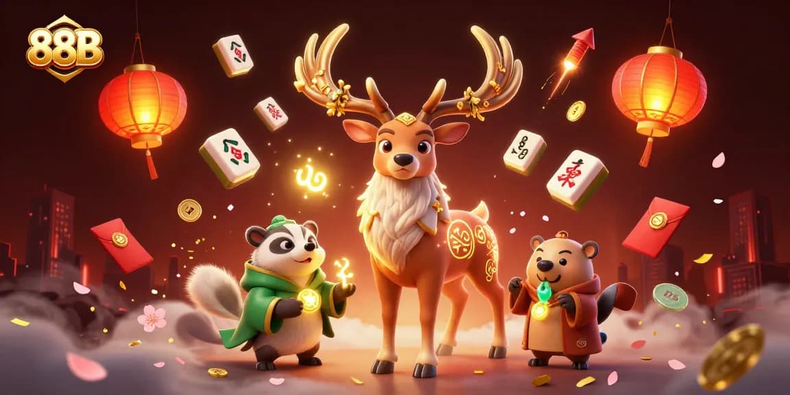 88B offers a vibrant gaming scene featuring a druid stag and badger amidst glowing casino elements.