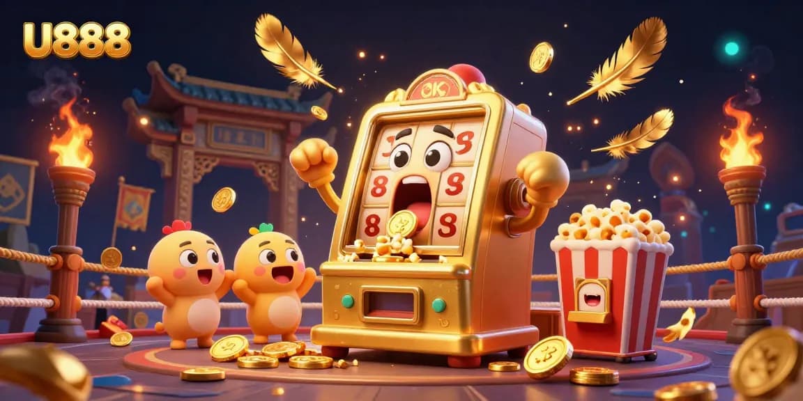 U888 slot machine hits the jackpot, coins flying, colorful casino scene full of excitement and energy.