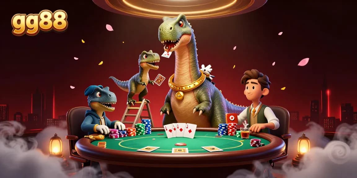 gg88 features a giant cartoon brontosaurus above a poker table, with dynamic gaming elements.