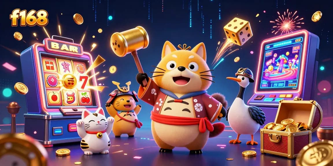 Experience thrilling wins with f168's vibrant cartoon scene showcasing a lucky mallet and casino excitement.