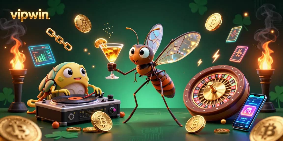 Engage with vipwin's thrilling casino experience featuring a lively mosquito mascot, a trilobite DJ, and a golden roulette wheel.