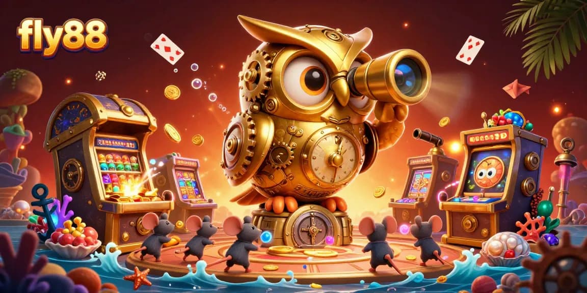 Engage with fly88's vibrant casino scene featuring a golden owl and dynamic elements.