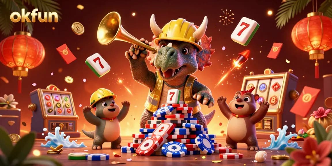 Experience the excitement of okfun with a festive casino scene featuring playful dinosaurs and vibrant game elements.