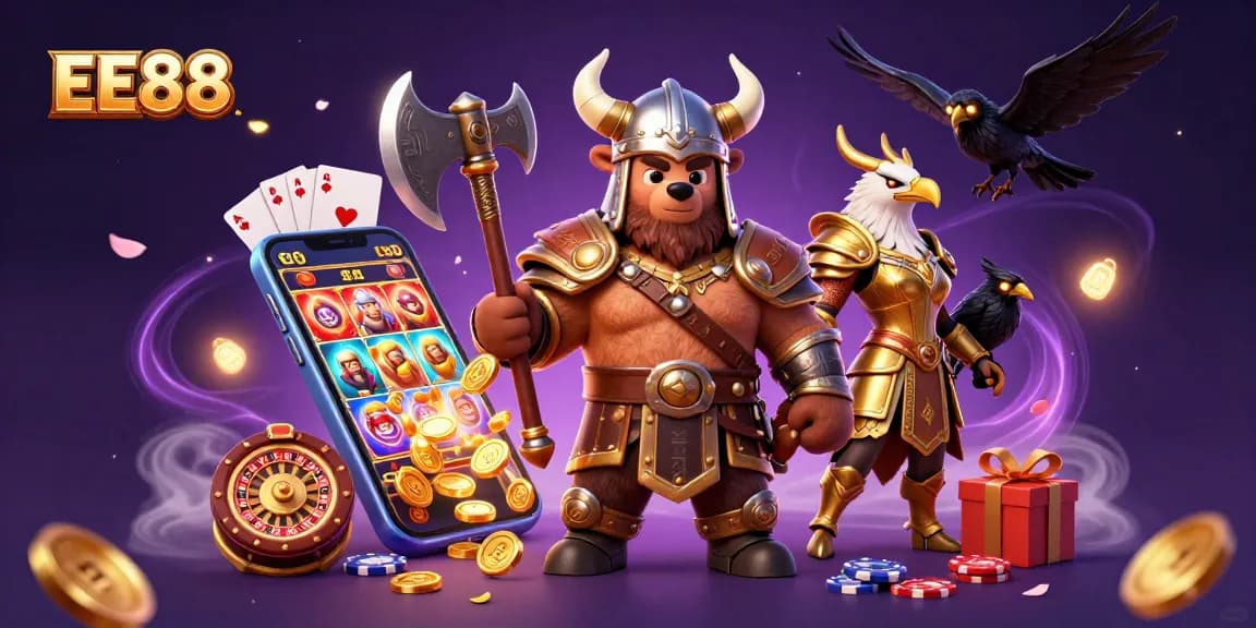 EE88 showcases a vibrant 3D casino scene with Viking characters and dynamic slot gaming elements.