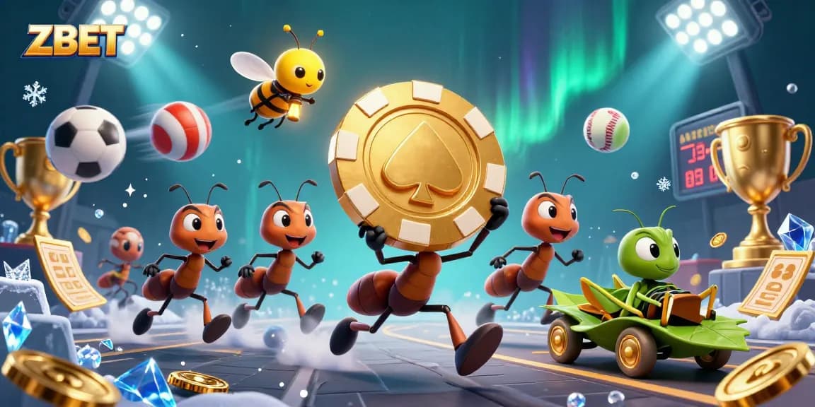 ZBET showcases a heisty team of ants carrying a giant poker chip in a vibrant casino setting.