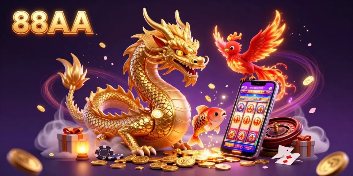 Engage in thrilling gaming adventures with 88AA, featuring a golden dragon and vibrant slot games.