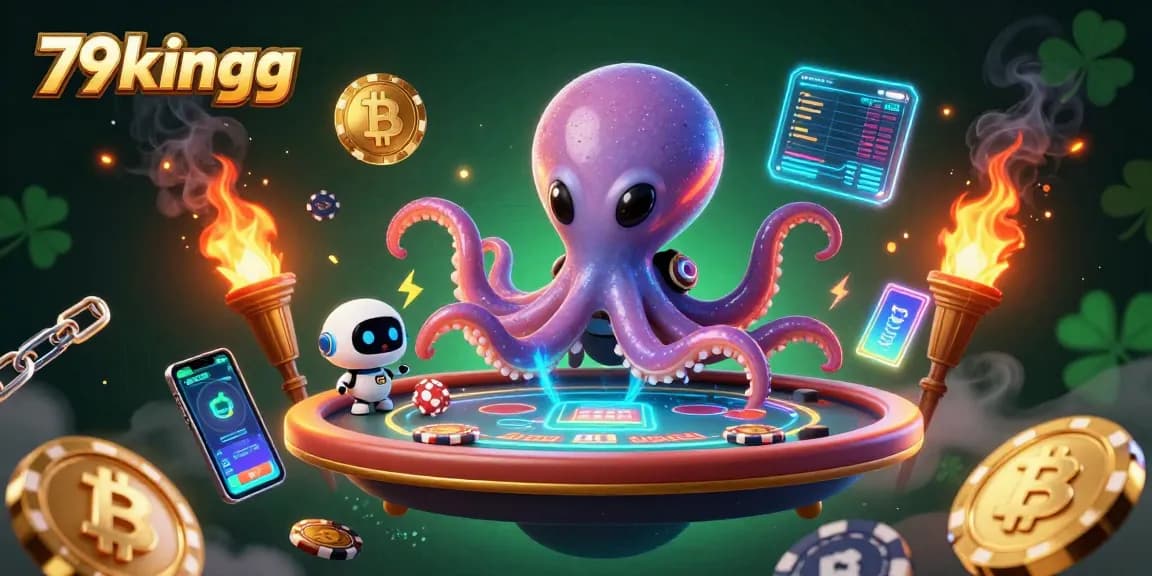 Play poker with 79kingg's alien octopus in a vibrant cosmic gambling scene.