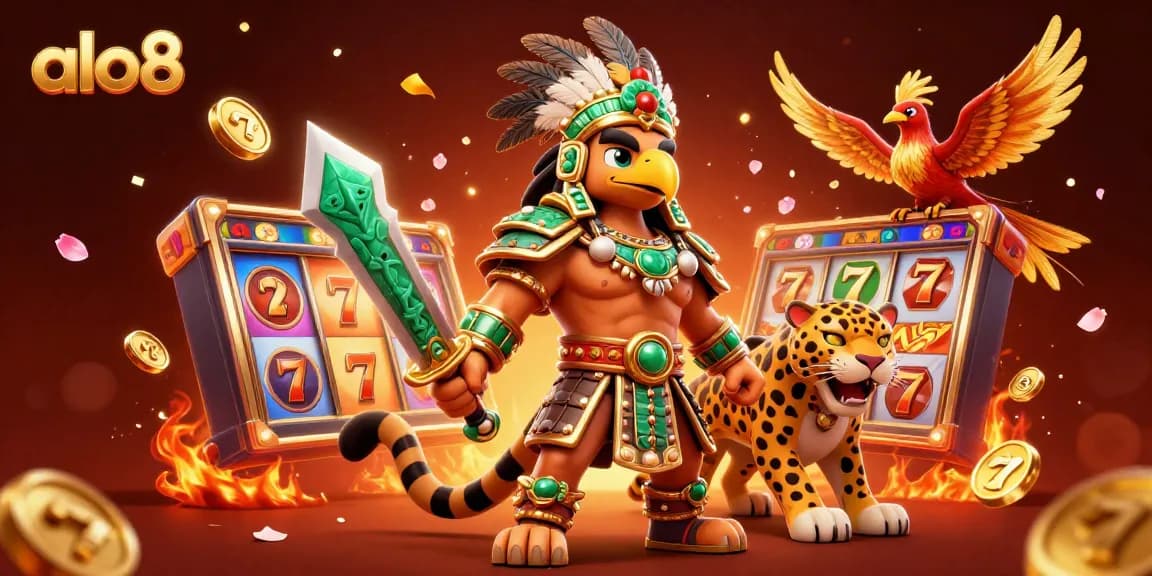 Play slots with alo8 in a vibrant 3D casino scene featuring lush elements and dynamic gameplay visuals.
