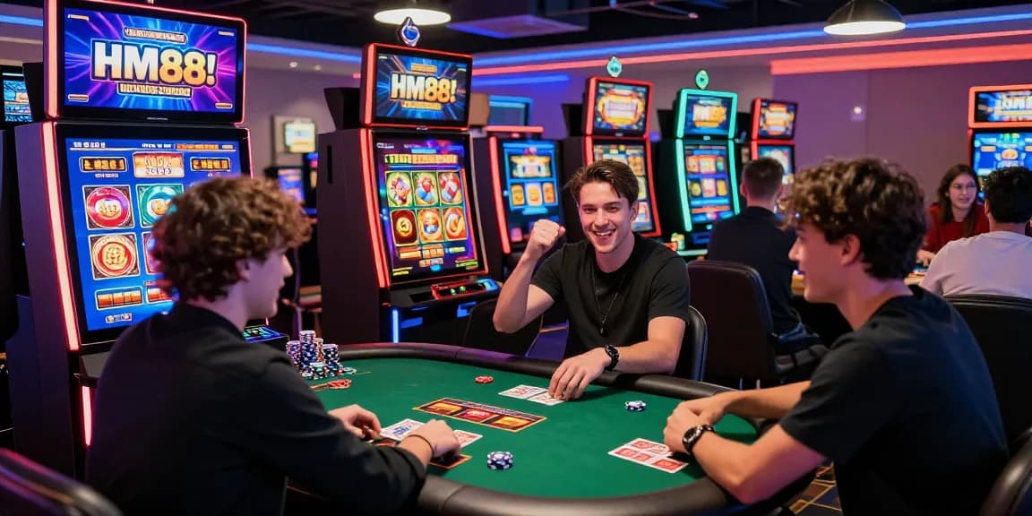 Players enjoying online games at https://hm88.review/, celebrating wins in a vibrant casino atmosphere.