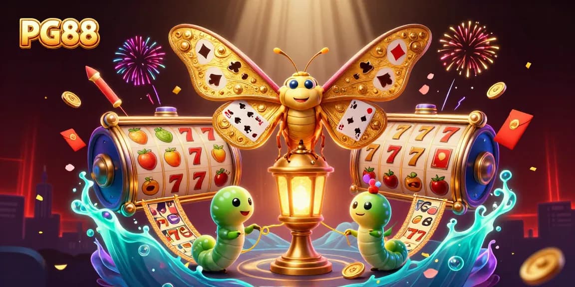 Experience PG88's dynamic casino scene with an atlas moth amidst slot reels and golden symbols.