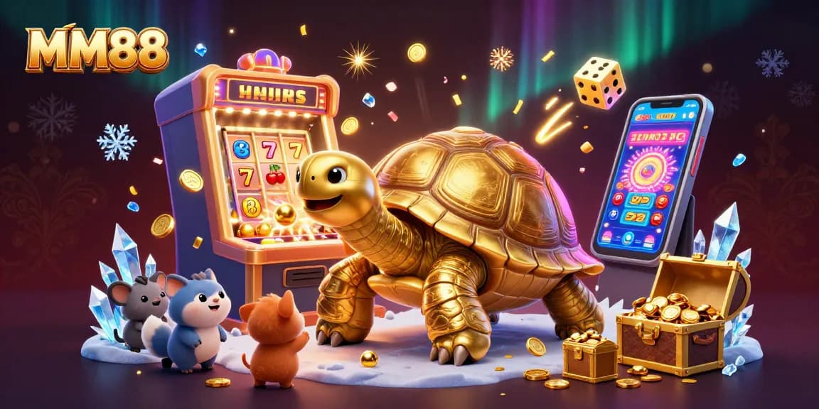 Play exciting games with MM88 and a colossal golden tortoise amidst a thrilling casino atmosphere.
