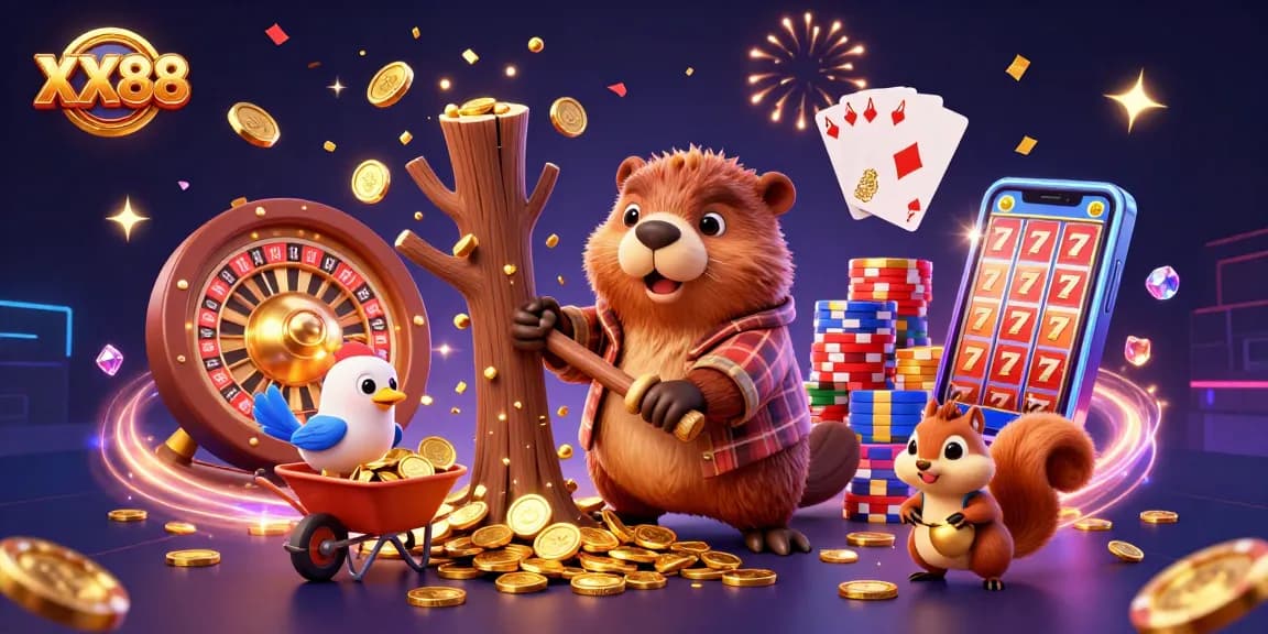 Experience the thrill of gaming with XX88's vibrant 3D cartoon scene filled with fun casino elements.