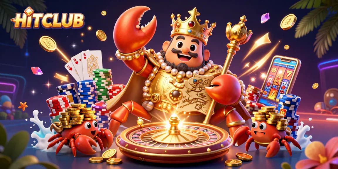 Engage with HITCLUB's thrilling gaming experience featuring a golden crab emperor amidst dynamic casino elements.