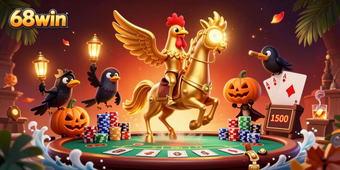Experience thrilling gaming action with 68win's vibrant casino scene full of lively characters and poker elements.