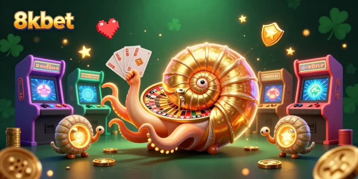 Engage in thrilling adventures with 8kbet, featuring a mystical nautilus roulette wheel and glowing game machines.