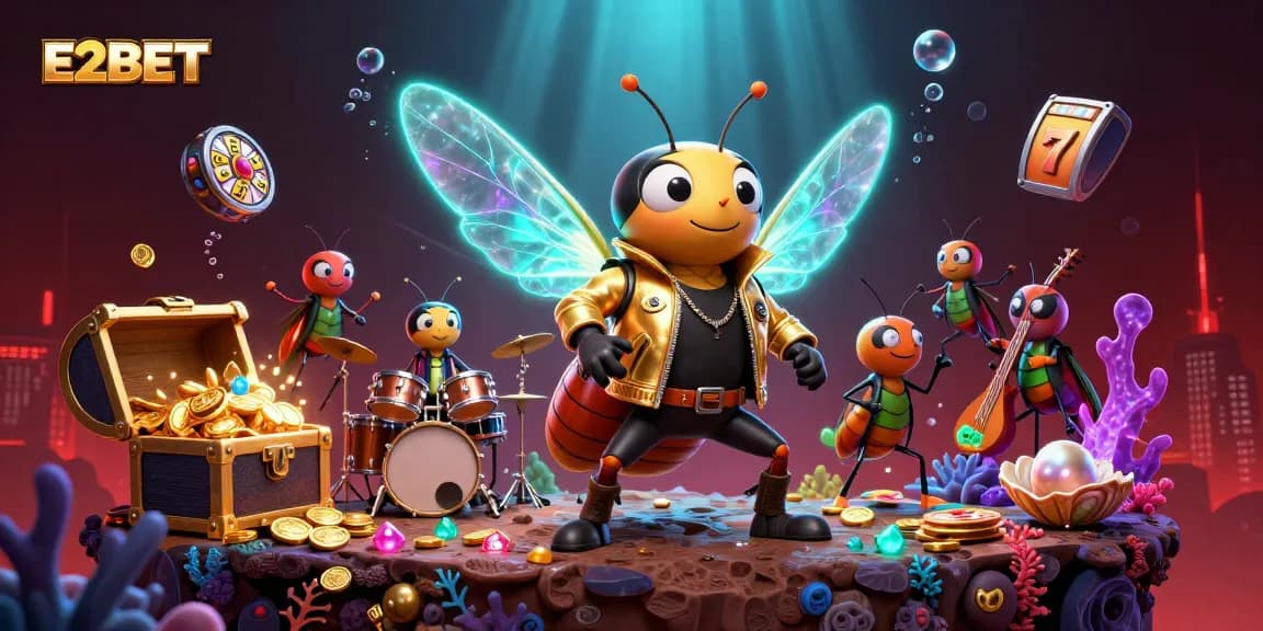 E2BET casino experience with vibrant 3D characters, golden treasures, and dynamic slot gameplay elements.