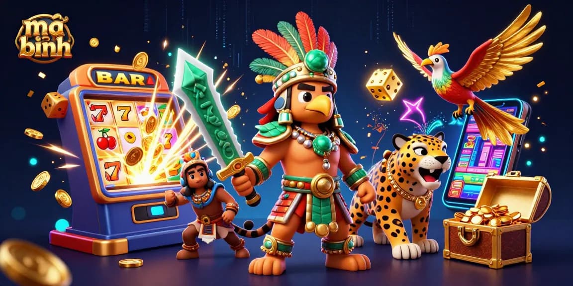 Engage in mậu binh gaming with dazzling 3D Aztec warriors, flying jackpot symbols, and thrilling casino elements.