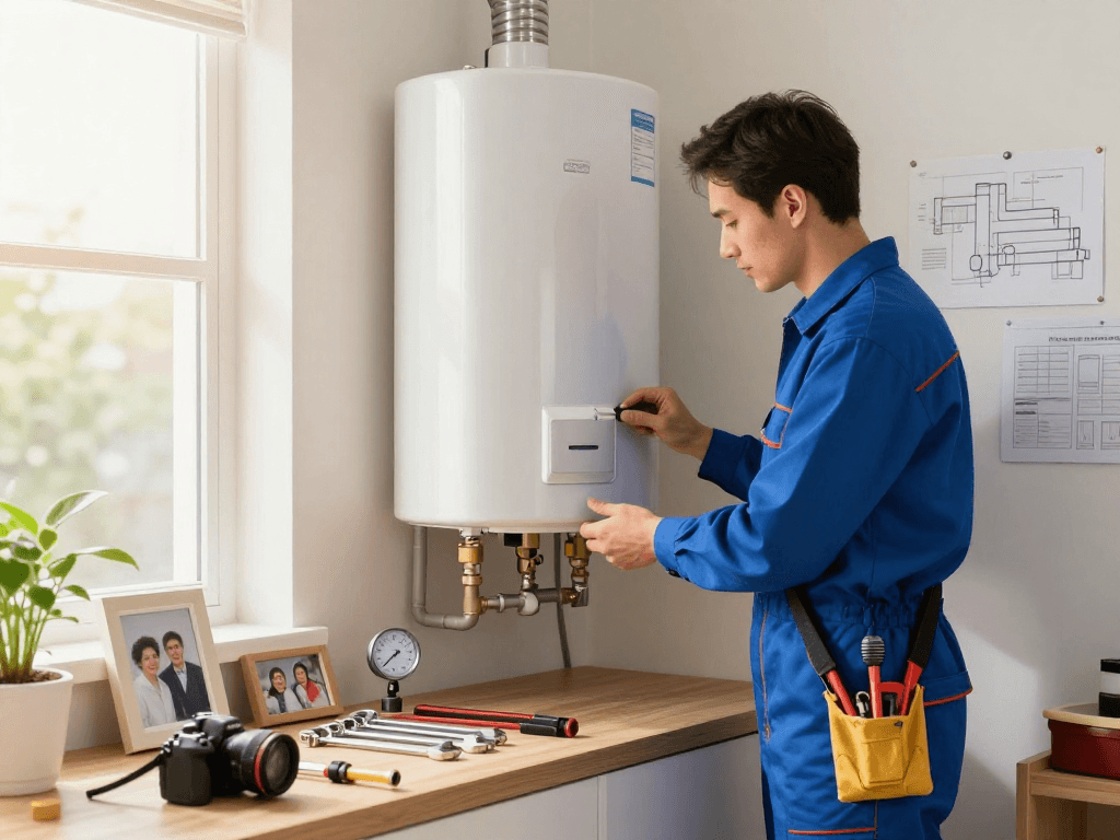 Expert plumber performing water heater repair Fort Worth in a cozy home setting surrounded by tools.
