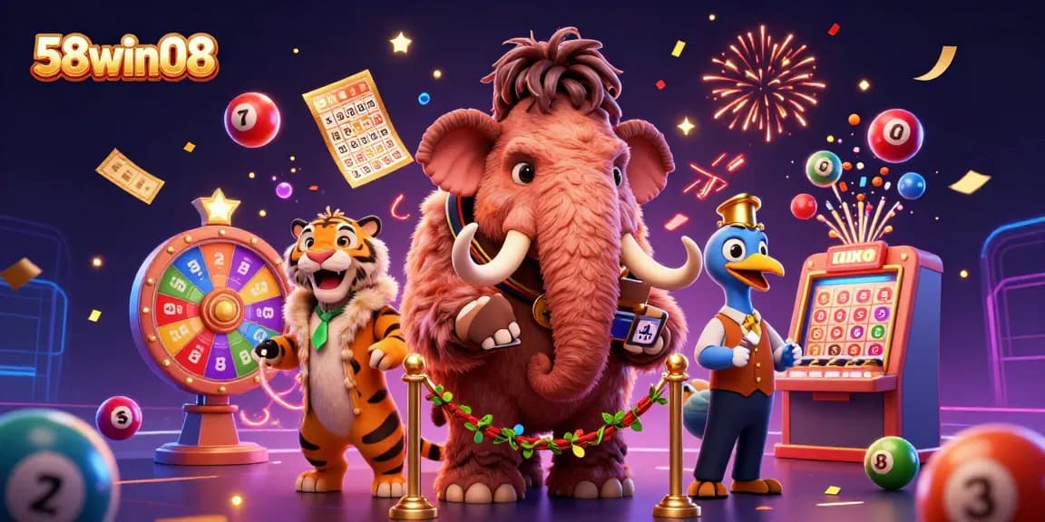 Experience excitement at 58win08 with dynamic casino illustrations featuring lottery balls and VIP characters.