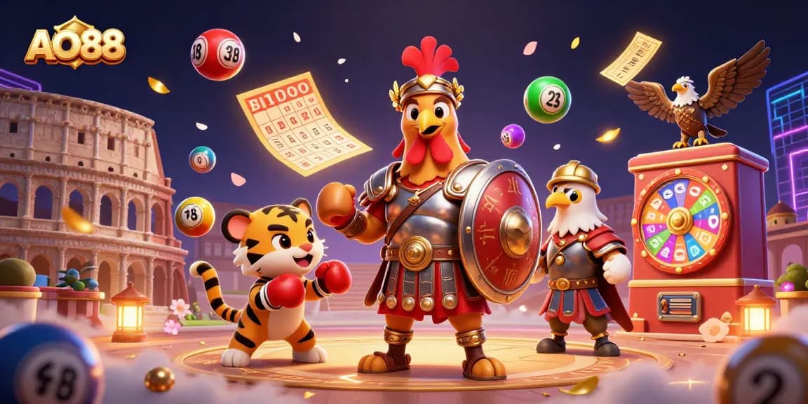 Experience the thrilling action at AO88 with our colorful lottery and game-inspired illustration.