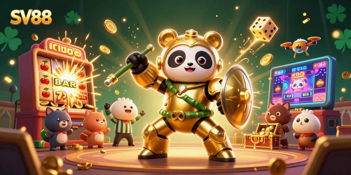 SV88 showcases a golden panda in a mech-suit piloting a lively casino scene filled with jackpots and excitement.