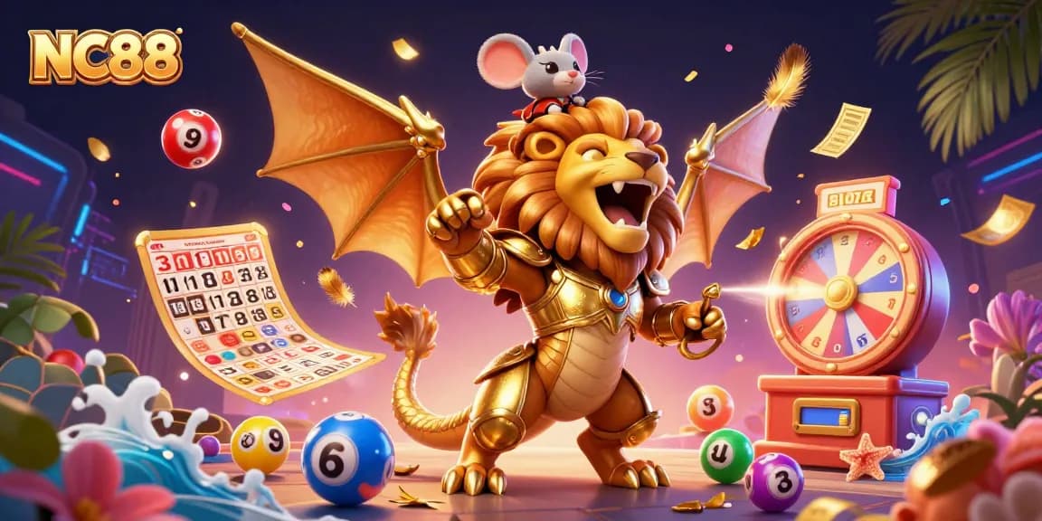 Win big at NC88 with this vibrant scene of a golden chimera and lively lottery elements.