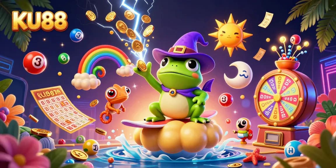 Experience the thrill of KU88 with vibrant casino-themed elements and characters creating a joyous gambling atmosphere.