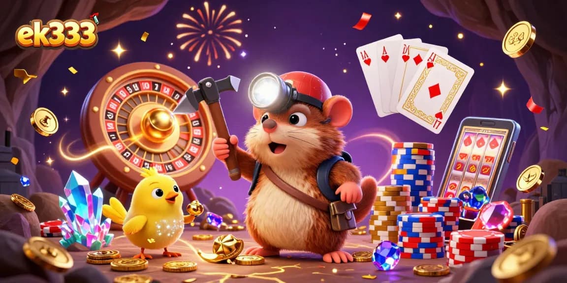 Engage with ek333's thrilling 3D casino adventure featuring a treasure hunter and exciting gaming elements.