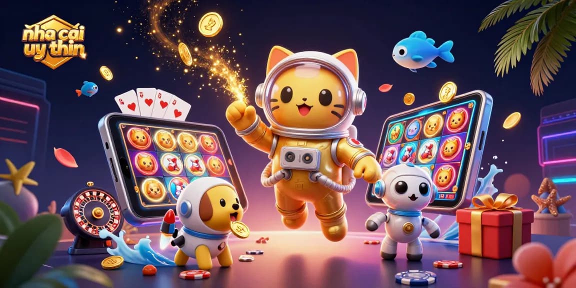 Engage with the thriving nhacai uy tin scene showcasing an astronaut cat and robot dog surrounded by vibrant casino elements and golden stardust.