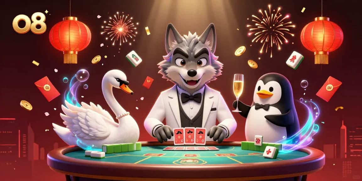 Experience thrilling baccarat action at o8 with a vibrant illustration showcasing a debonair wolf and elegant swan.