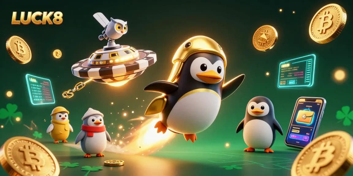 Experience the excitement of LUCK8 with a golden penguin soaring through a vibrant casino cosmos filled with winnings.