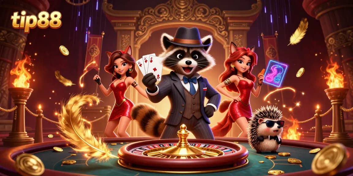 Tip88 casino scene featuring a suave raccoon, a fox lady, and a hedgehog bouncer at a dynamic gambling setting.