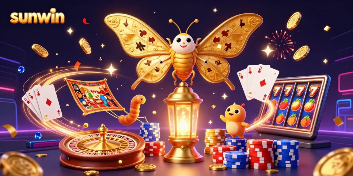 Engage with sunwin's vibrant casino illustration showcasing a majestic moth and golden threads.