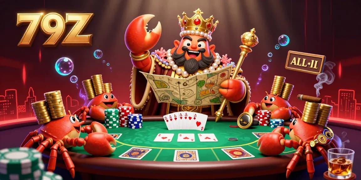 Experience thrilling gameplay with 79Z as the golden crab emperor oversees a poker table filled with colorful chips and cards.
