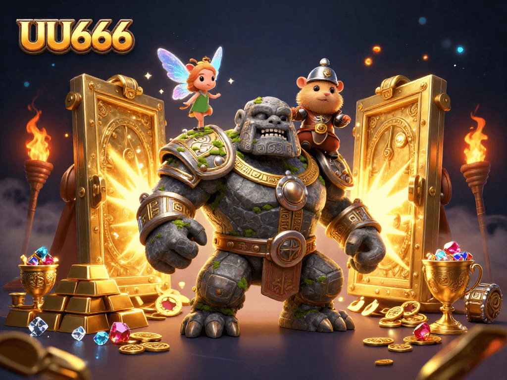Experience the thrill of UU666 casino with a guardian golem and magical companions in a treasure-filled scene.
