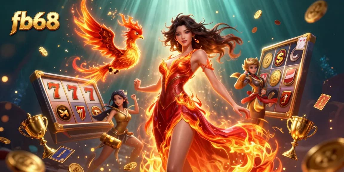 Engage with fb68's thrilling casino excitement through vibrant slot reels and energetic characters.