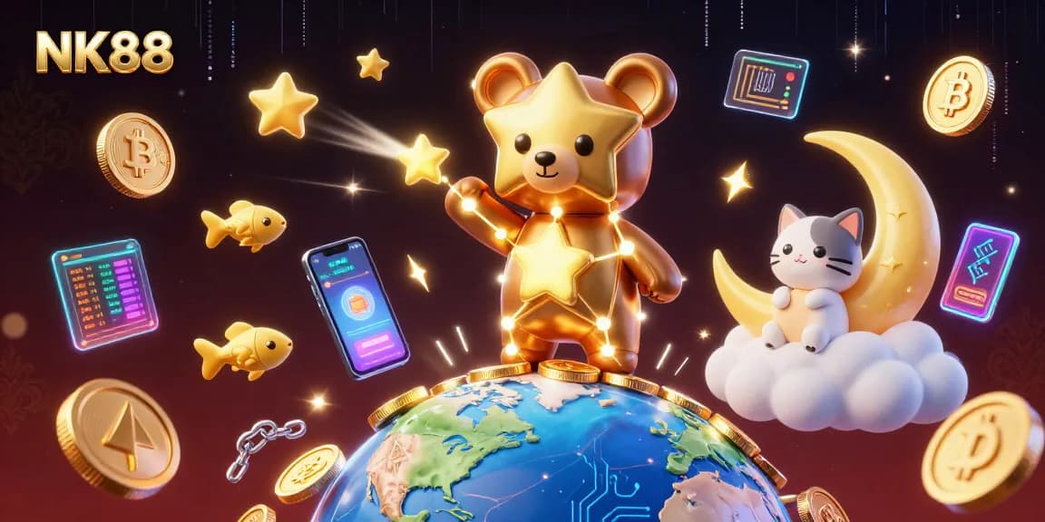 Navigating winning strategies at NK88 with 3D cartoon constellation bear and crypto coins