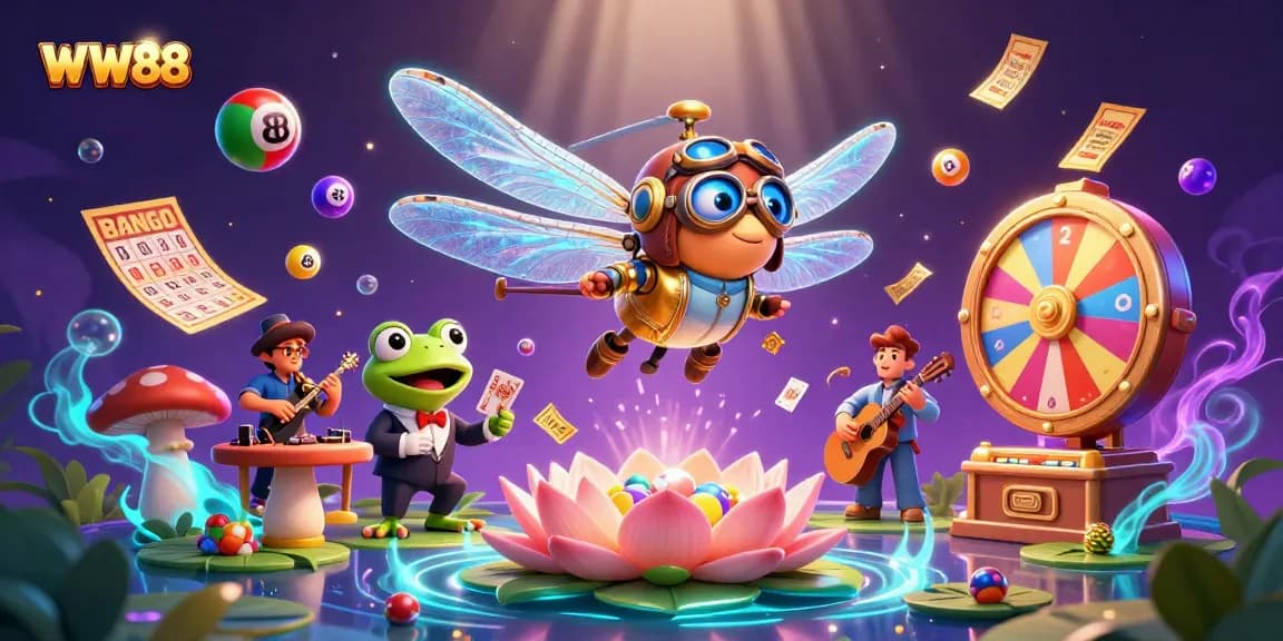Experience vibrant gambling thrills with WW88's interactive casino scene featuring a dragonfly pilot and frog dealer.
