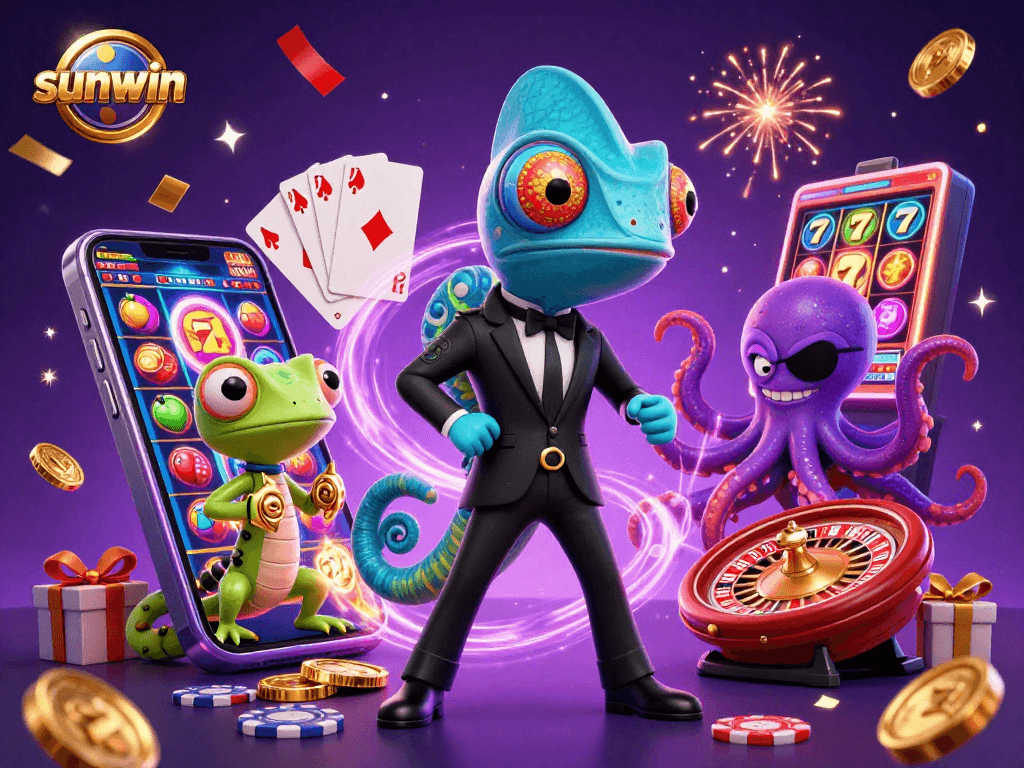 Engage with the vibrant casino world of sunwin in this dynamic 3D illustration featuring exciting slot game elements.