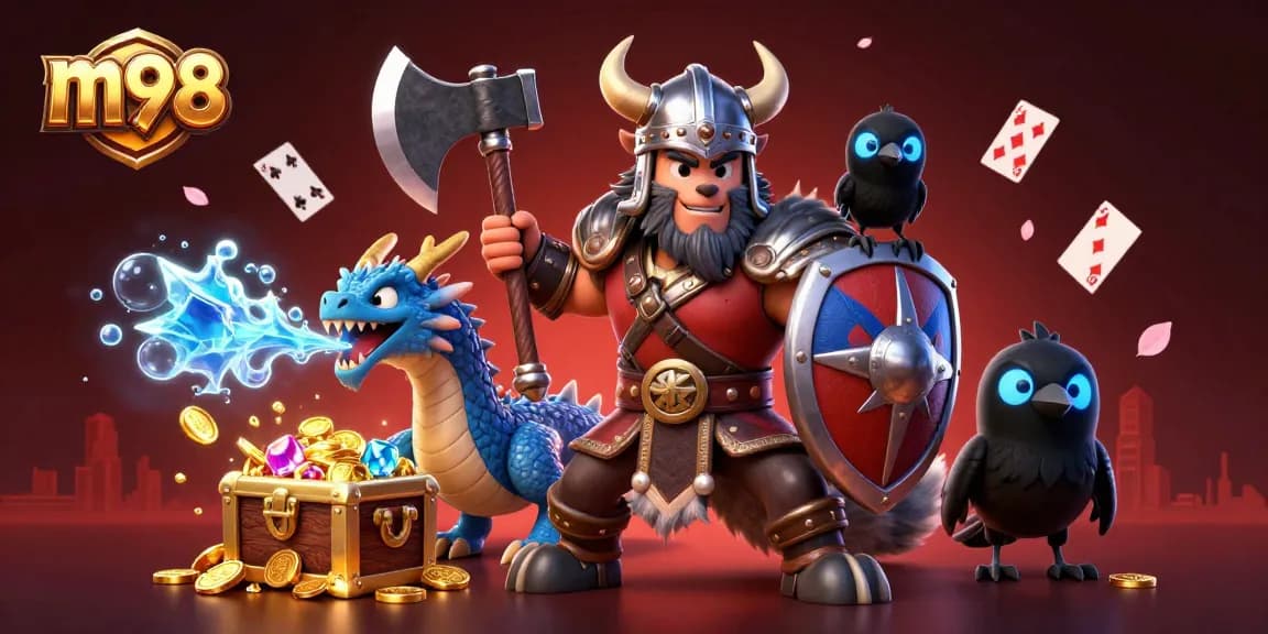 Experience big wins with m98 in this vibrant 3D gaming illustration featuring a Viking warrior and dragon.