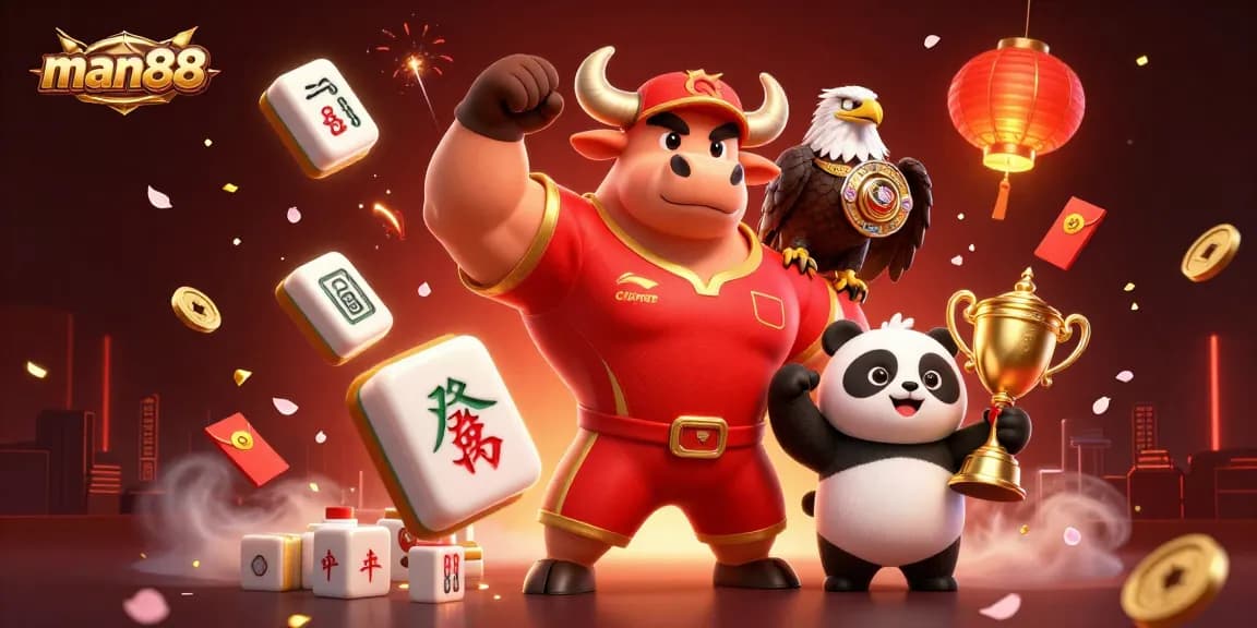 man88 celebrates wins with a cartoon bull, eagle, and panda amidst colorful casino elements.