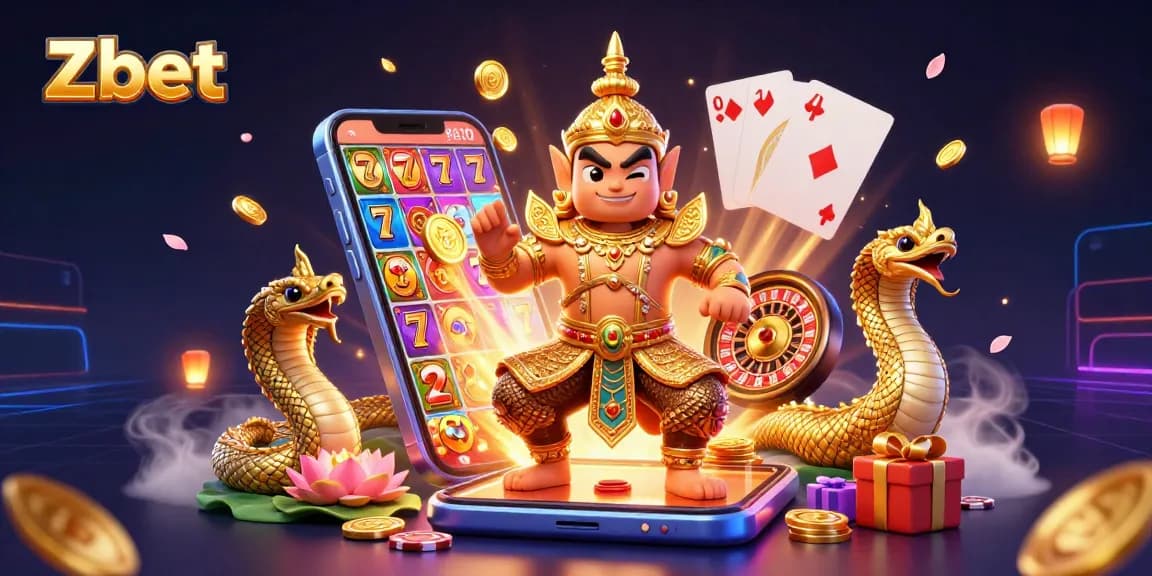 Zbet promotions and slot gaming showcased with vibrant illustrations of a guardian and gaming elements.