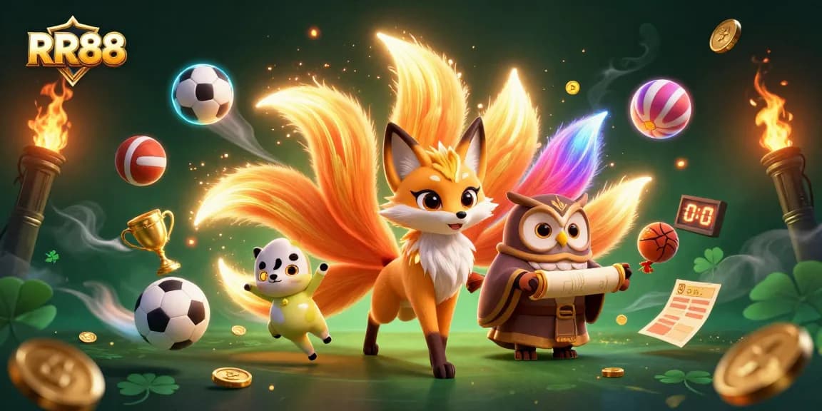 Experience thrilling gambling at RR88 with a vibrant 3D illustration of lucky fox spirit and owl sage.