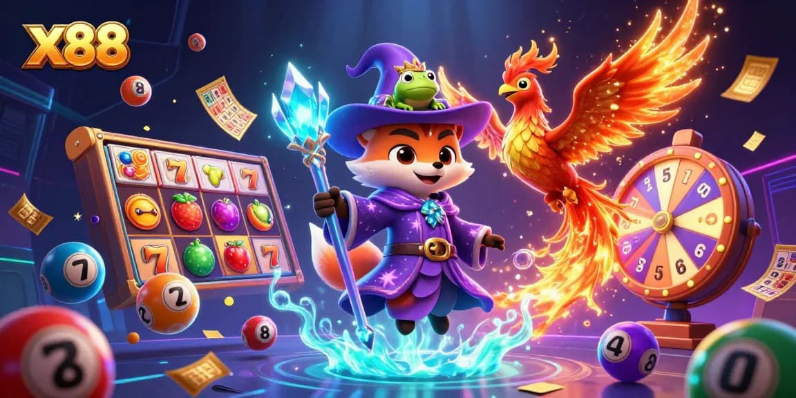 X88 captivates players with an enchanting wizard fox, phoenix, and rich slot game elements.