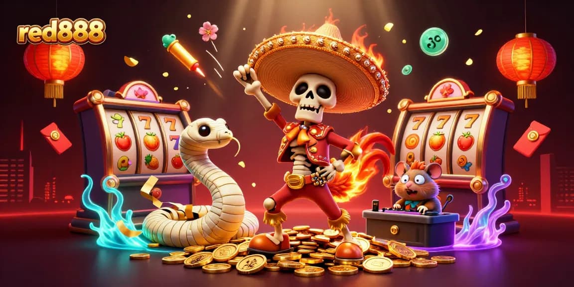 Experience the thrill of red888 with vibrant characters celebrating wins in a rich casino scene.