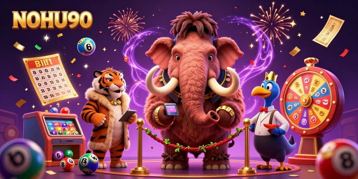 Engage with NOHU90's thrilling atmosphere featuring a woolly mammoth bouncer, stunning gaming elements, and vibrant colors.