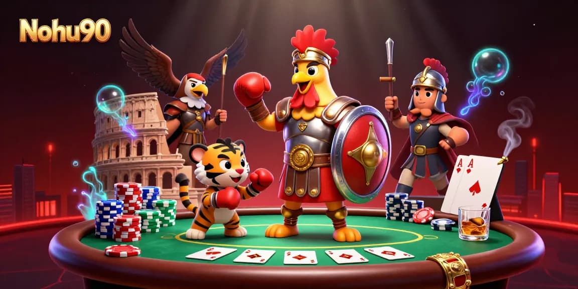 Nohu90 brings thrilling poker action with dynamic characters playing in a vibrant casino arena.